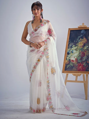 White Floral Hand Printed Organza Tissue Saree with Hand Stone Embellishment - Image 1