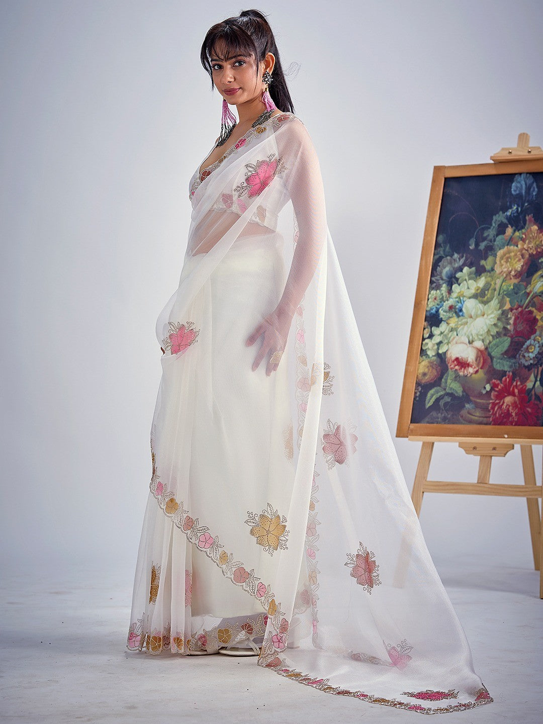 White Floral Hand Printed Organza Tissue Saree with Hand Stone Embellishment - Image 6