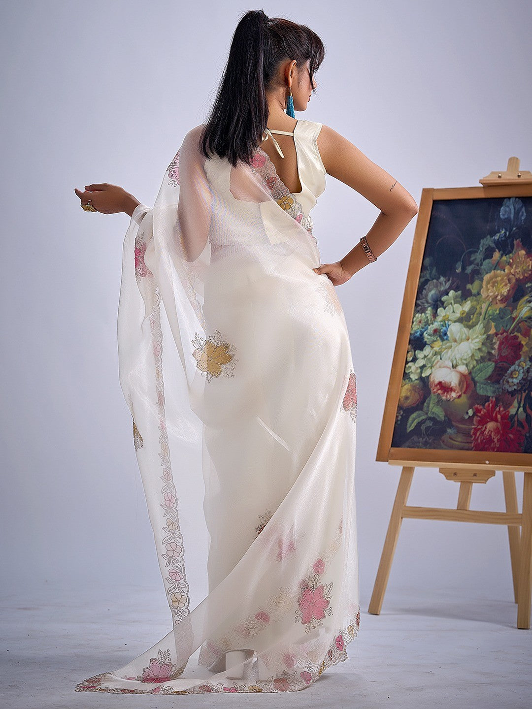 White Floral Hand Printed Organza Tissue Saree with Hand Stone Embellishment - Image 5