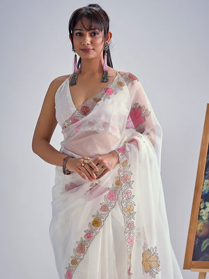 White Floral Hand Printed Organza Tissue Saree with Hand Stone Embellishment - Image 2