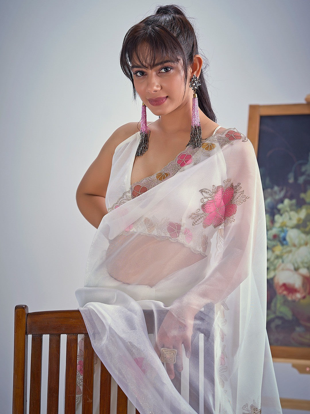 White Floral Hand Printed Organza Tissue Saree with Hand Stone Embellishment - Image 3