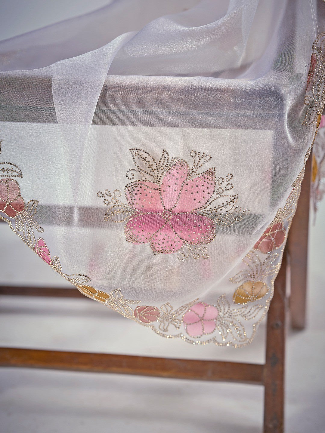 White Floral Hand Printed Organza Tissue Saree with Hand Stone Embellishment - Image 2