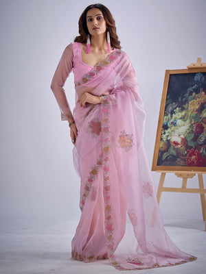Light Lavender Traditional Hand Printed Organza Tissue Saree With Fancy Hand Stone Embellished Work - Image 1