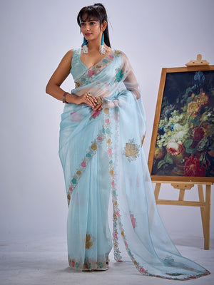 Sky Blue Traditional Hand Printed Organza Tissue Saree With Fancy Hand Stone Embellished Work - Image 1
