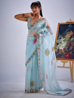 Sky Blue Traditional Hand Printed Organza Tissue Saree With Fancy Hand Stone Embellished Work - Image 2