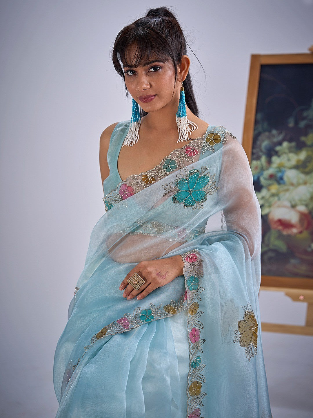 Sky Blue Traditional Hand Printed Organza Tissue Saree With Fancy Hand Stone Embellished Work - Image 2
