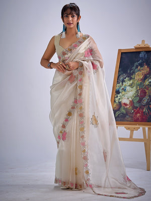 Cream Traditional Hand Printed Organza Tissue Saree With Fancy Hand Stone Embellished Work - Image 1