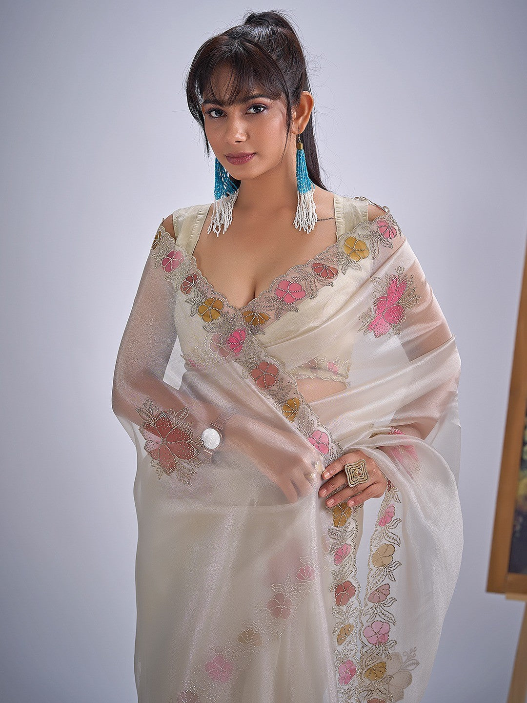 Cream Traditional Hand Printed Organza Tissue Saree With Fancy Hand Stone Embellished Work - Image 3