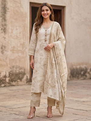 Chikoo Floral Printed Cotton Blend Straight Suit Set with Dupatta - Image 1