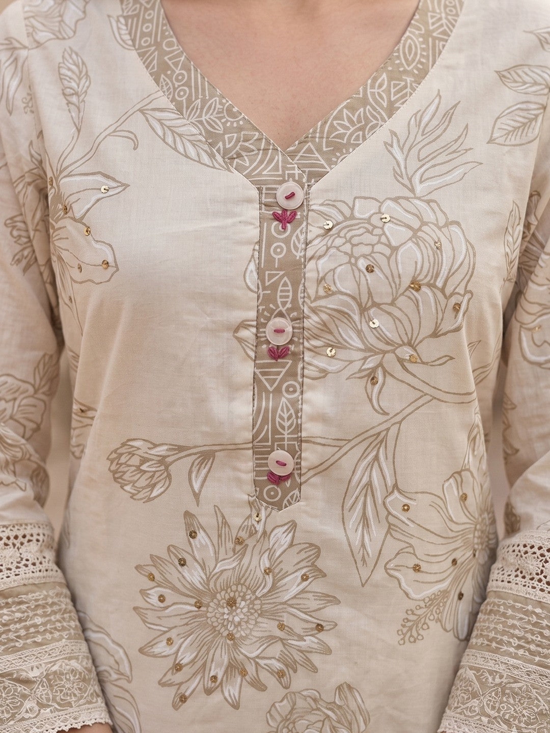 Chikoo Floral Printed Cotton Blend Straight Suit Set with Dupatta - Image 4