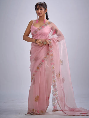 Pink Traditional Hand Printed Organza Tissue Saree With Fancy Hand Stone Embellished Work - Image 1