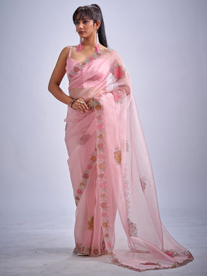Pink Traditional Hand Printed Organza Tissue Saree With Fancy Hand Stone Embellished Work - Image 2
