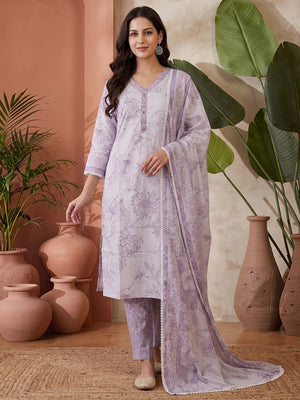 Puple Floral Printed Cotton Blend Straight Suit Set with Dupatta - Image 1