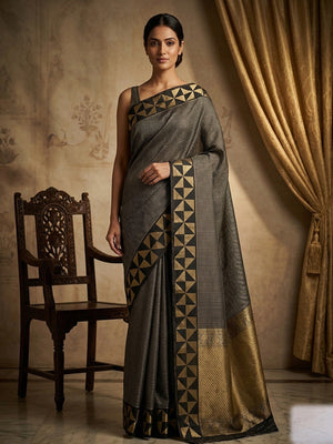 Elegant Grey Silk Blend Saree with Geometric Border - Image 1