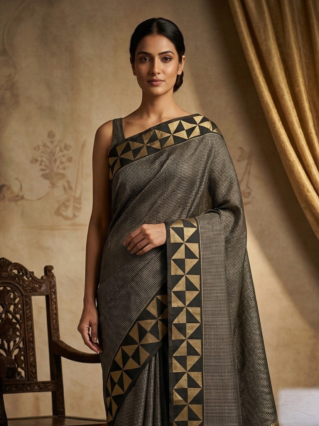 Elegant Grey Silk Blend Saree with Geometric Border - Image 3