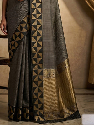 Elegant Grey Silk Blend Saree with Geometric Border - Image 2