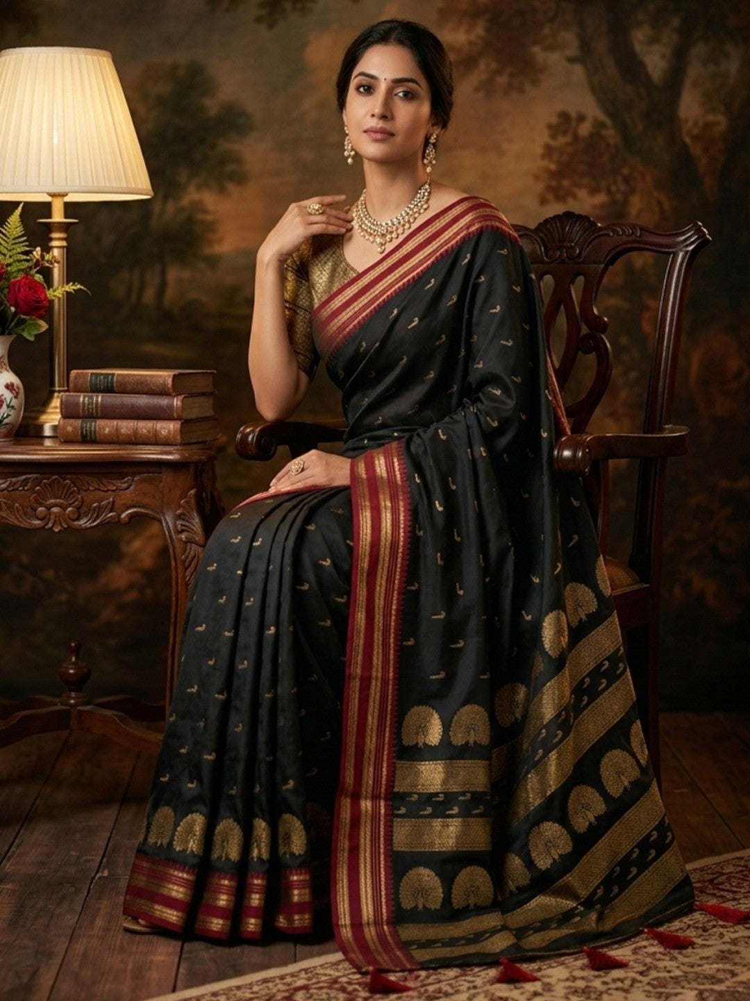 Graceful Black Silk Blend Saree with Festive Zari Border - Image 1