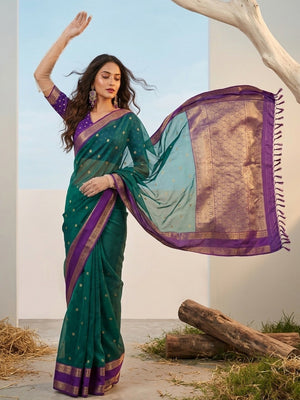 Festive Rama Green Silk Blend Saree with Artistic Golden Detailing - Image 1