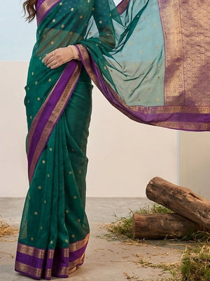 Festive Rama Green Silk Blend Saree with Artistic Golden Detailing - Image 2