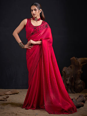 Opulent Cherry Red Stone Work Satin Silk Saree With Hand Cut Dana & Sequin Applic Work - Image 1