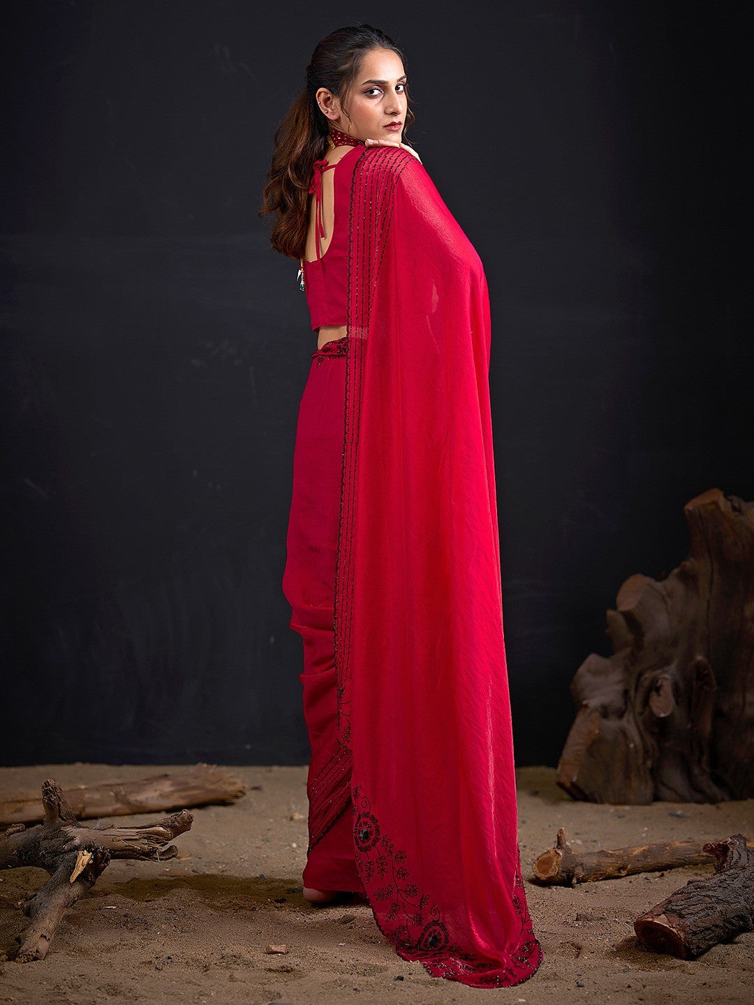 Opulent Cherry Red Stone Work Satin Silk Saree With Hand Cut Dana & Sequin Applic Work - Image 3