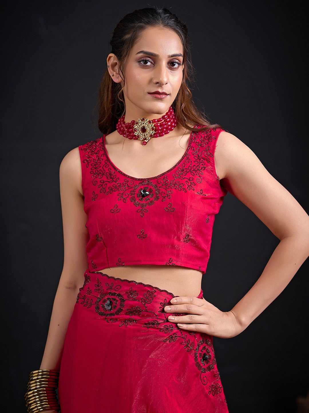 Opulent Cherry Red Stone Work Satin Silk Saree With Hand Cut Dana & Sequin Applic Work - Image 4