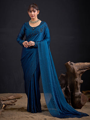 Opulent Morpich Blue Stone Work Satin Silk Saree With Hand Cut Dana & Sequin Applic Work - Image 1
