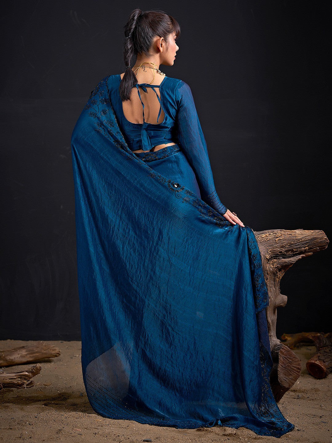 Opulent Morpich Blue Stone Work Satin Silk Saree With Hand Cut Dana & Sequin Applic Work - Image 4