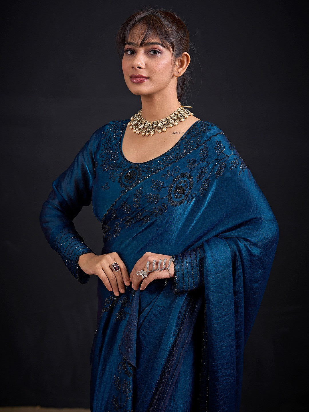 Opulent Morpich Blue Stone Work Satin Silk Saree With Hand Cut Dana & Sequin Applic Work - Image 2