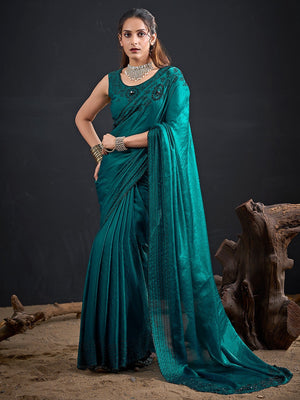 Opulent Teal Stone Work Satin Silk Saree With Hand Cut Dana & Sequin Applic Work - Image 1