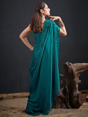 Opulent Teal Stone Work Satin Silk Saree With Hand Cut Dana & Sequin Applic Work - Image 2