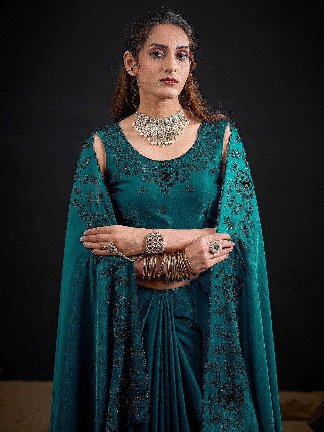 Opulent Teal Stone Work Satin Silk Saree With Hand Cut Dana & Sequin Applic Work - Image 3