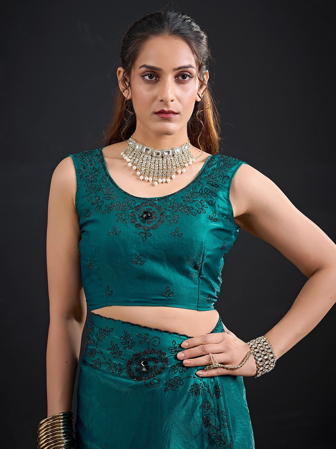 Opulent Teal Stone Work Satin Silk Saree With Hand Cut Dana & Sequin Applic Work - Image 2