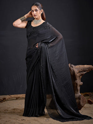 Opulent Black Stone Work Satin Silk Saree With Hand Cut Dana & Sequin Applic Work - Image 1