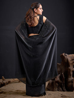 Opulent Black Stone Work Satin Silk Saree With Hand Cut Dana & Sequin Applic Work - Image 2