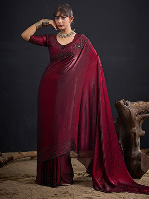 Opulent Maroon Stone Work Satin Silk Saree With Hand Cut Dana & Sequin Applic Work - Image 1