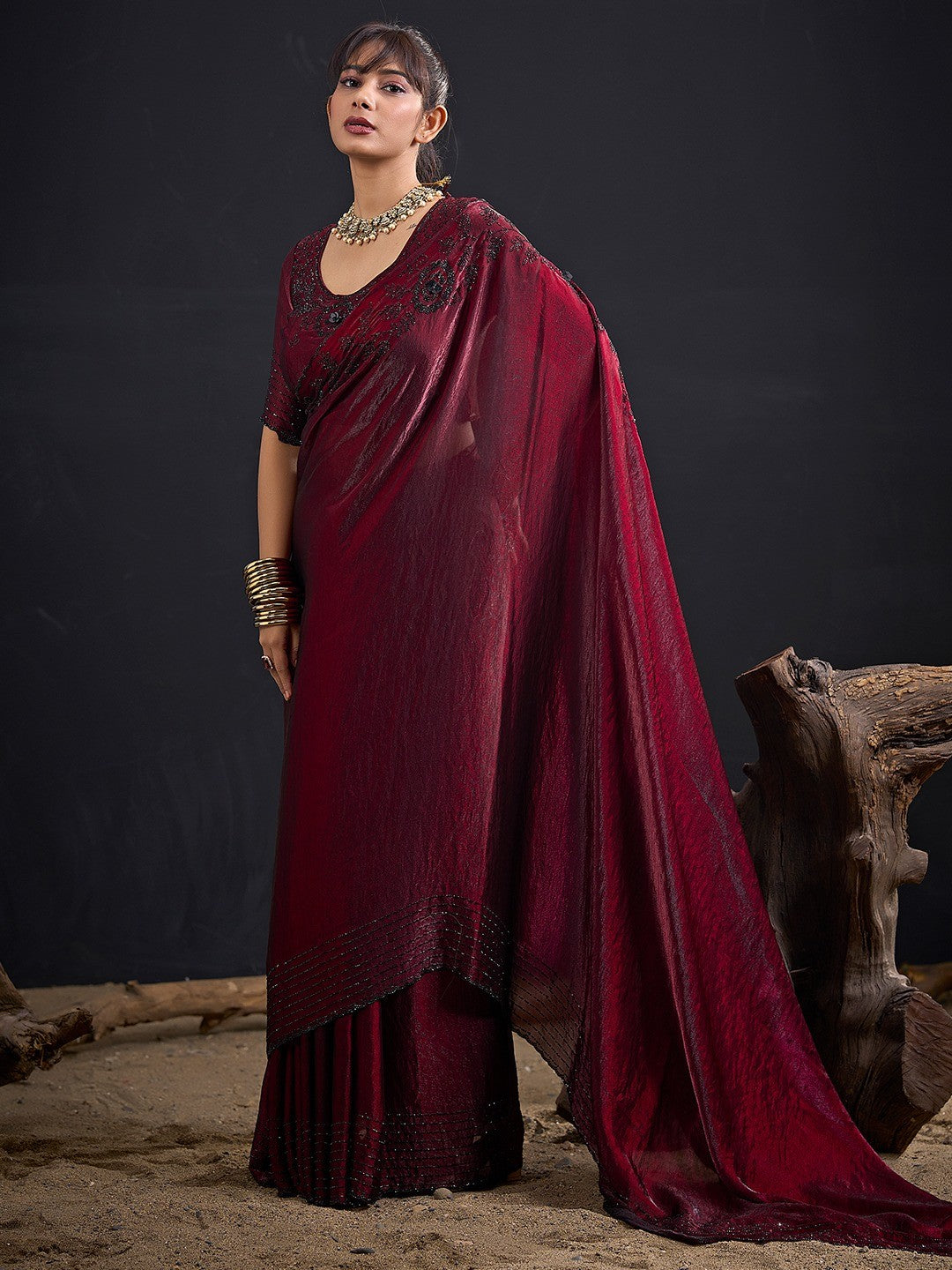 Opulent Maroon Stone Work Satin Silk Saree With Hand Cut Dana & Sequin Applic Work - Image 3