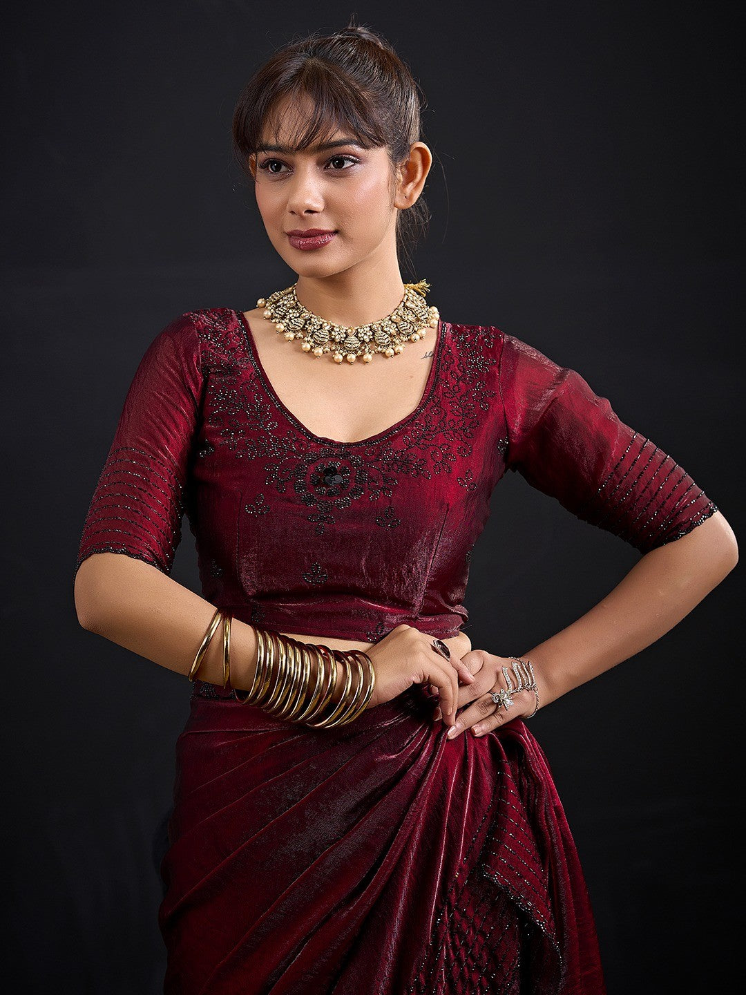 Opulent Maroon Stone Work Satin Silk Saree With Hand Cut Dana & Sequin Applic Work - Image 5
