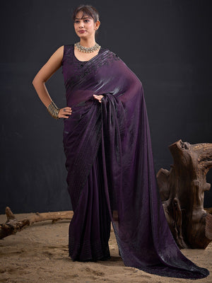 Opulent Dark Purple Stone Work Satin Silk Saree With Hand Cut Dana & Sequin Applic Work - Image 1