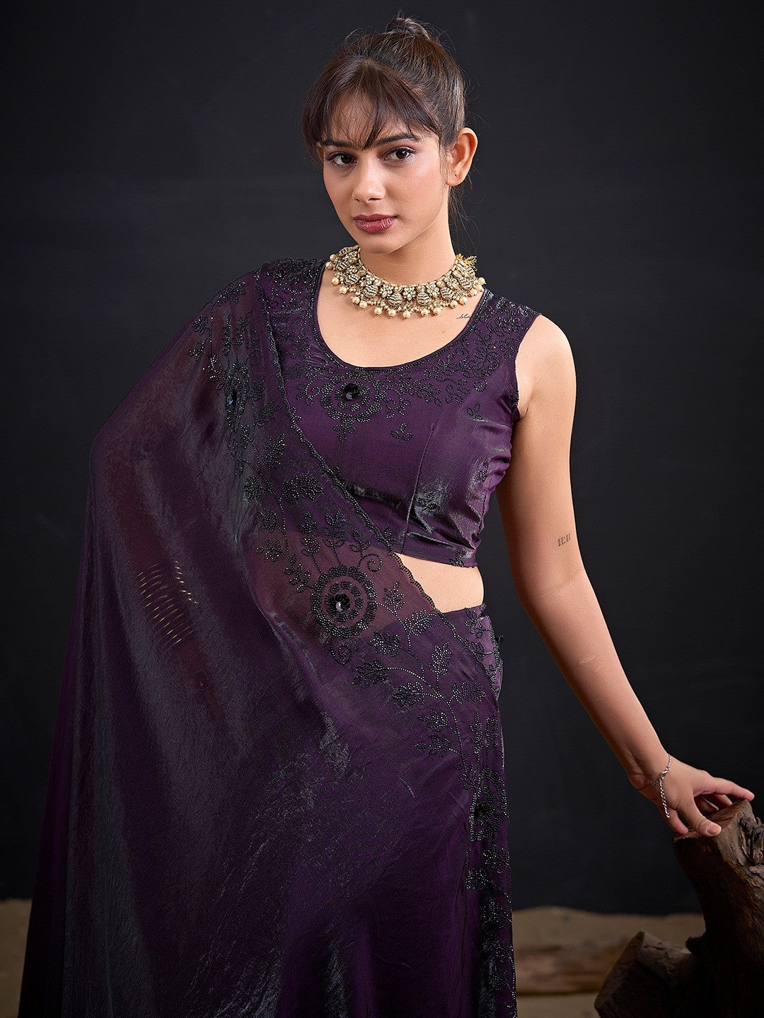 Opulent Dark Purple Stone Work Satin Silk Saree With Hand Cut Dana & Sequin Applic Work - Image 2