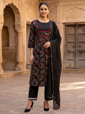Floral Printed Black Cotton Blend Salwar Suit Set for Women - Image 1