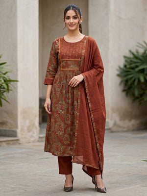 Floral Printed Rust Cotton Blend Salwar Suit Set for Women - Image 1
