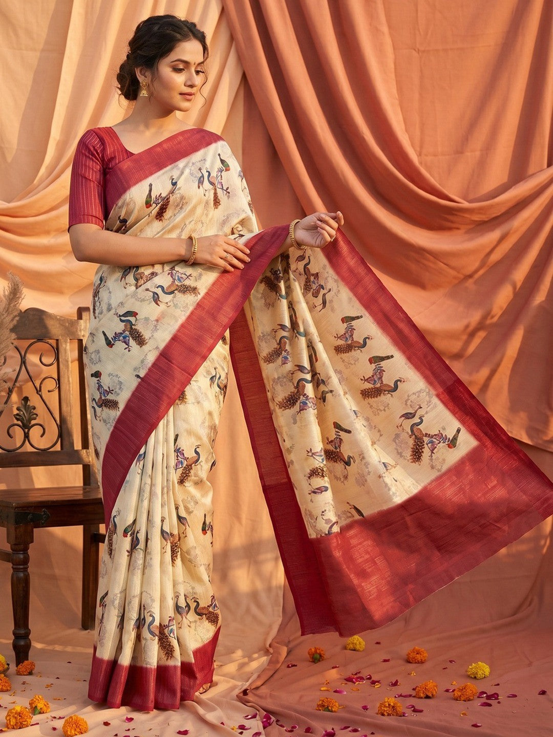Stunning Cream & Pink Digital Printed Cotton Blend Saree With Peacock Motifs - Image 1