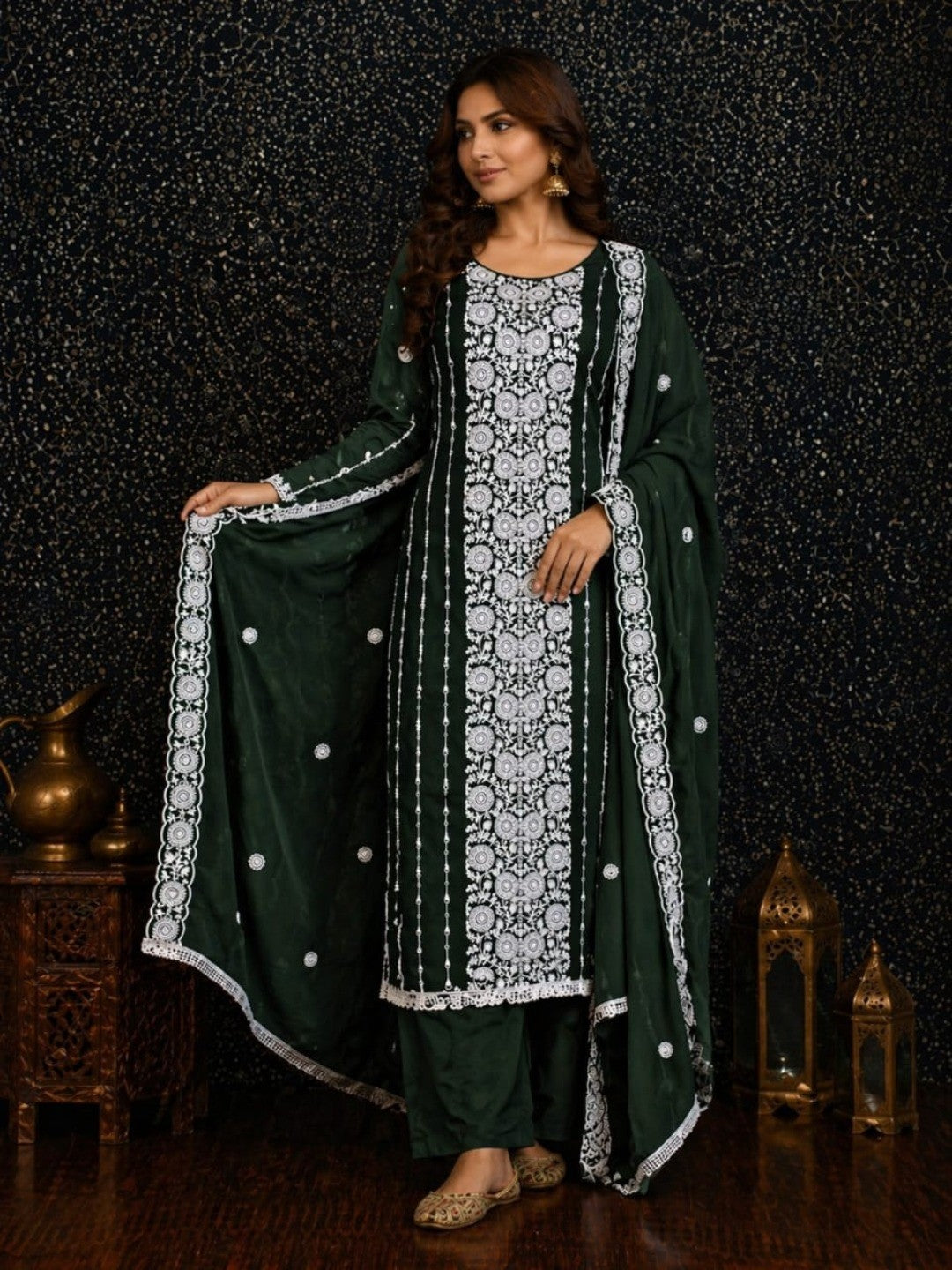 Elegant Green Georgette Embroidered Unstitched Suit Material - Image 2