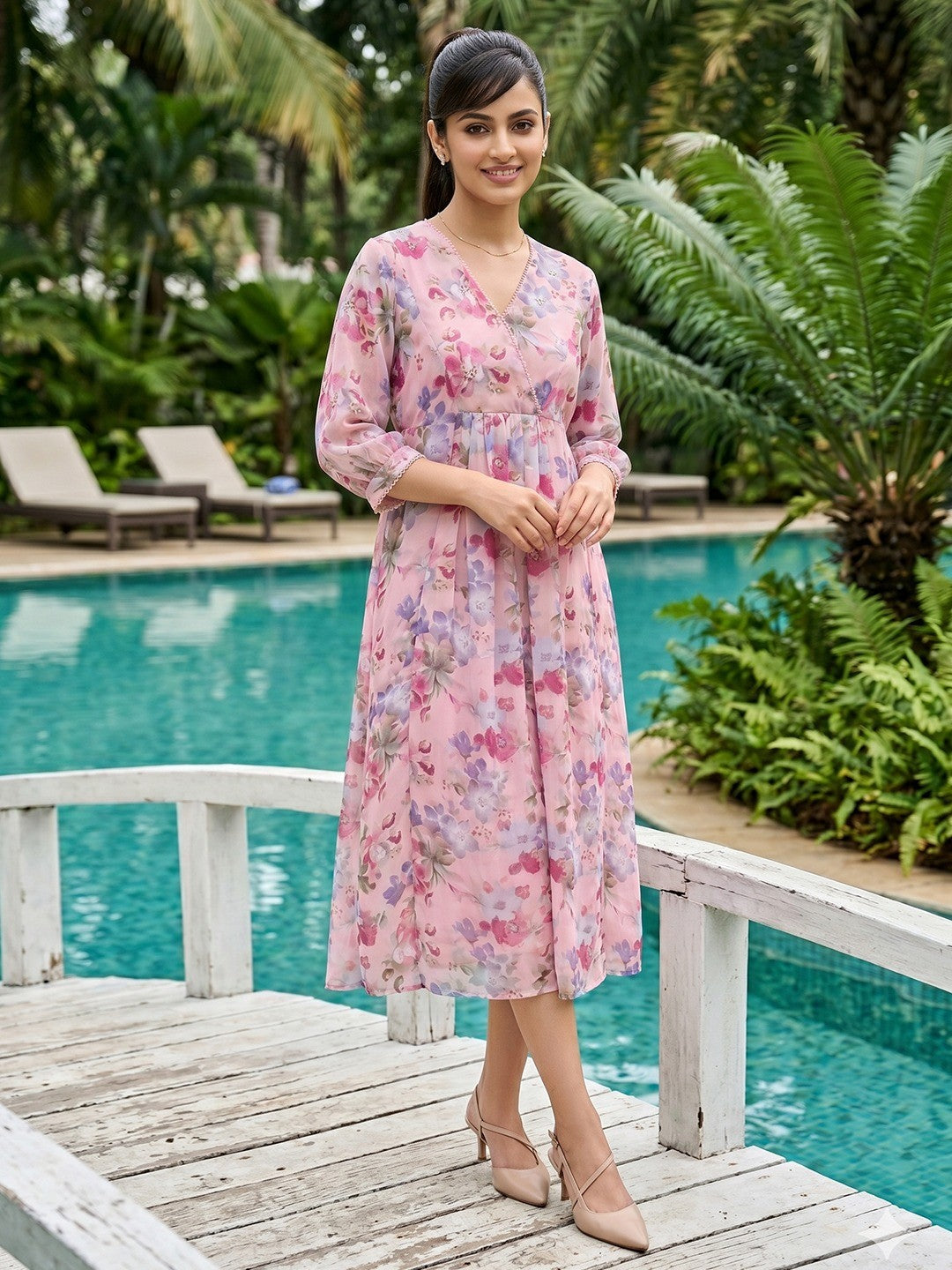 Rich Pink Floral Printed Chiffon Maxi Dress Feminine Elegant Appeal - Image 5