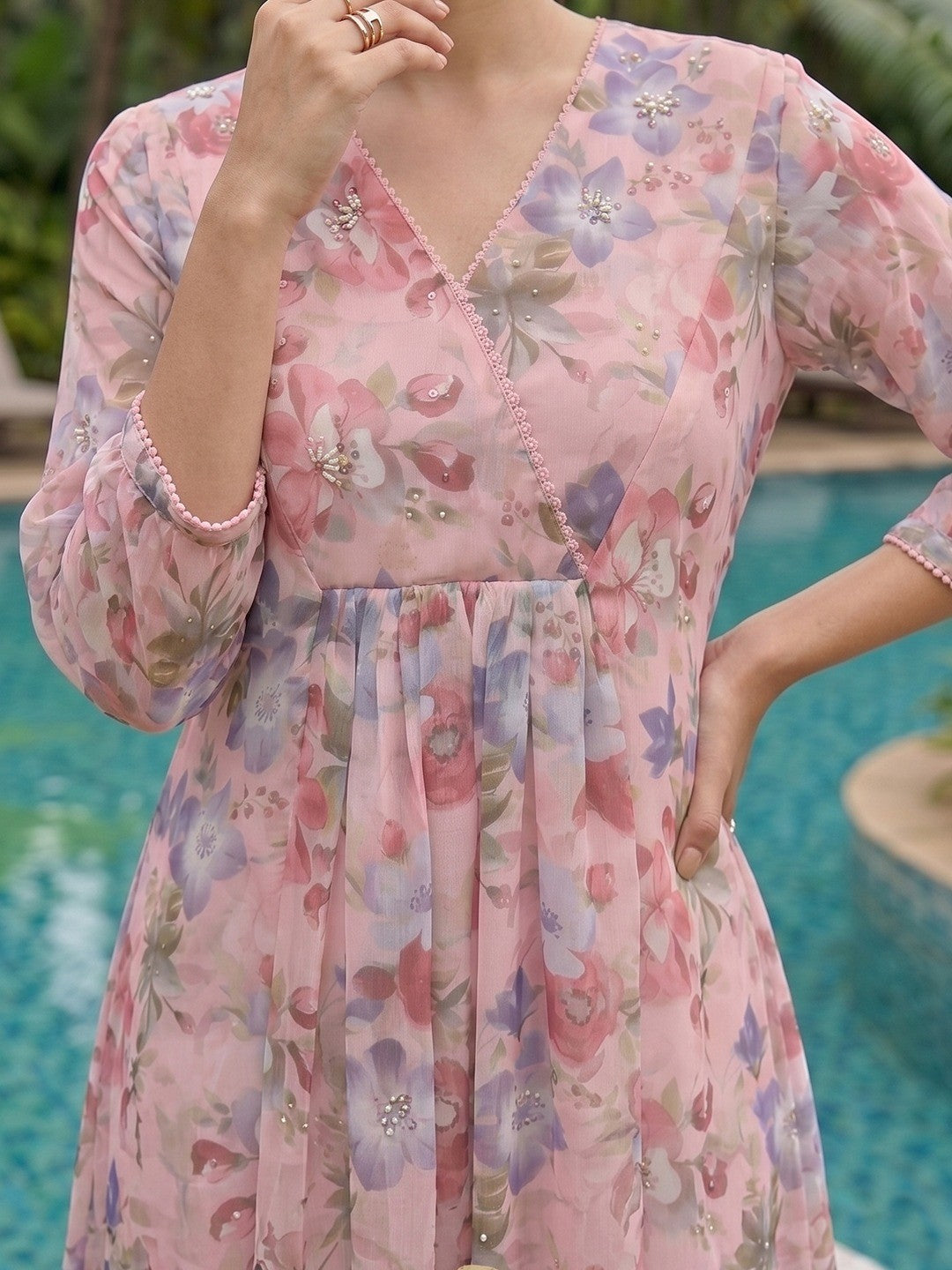 Rich Pink Floral Printed Chiffon Maxi Dress Feminine Elegant Appeal - Image 8