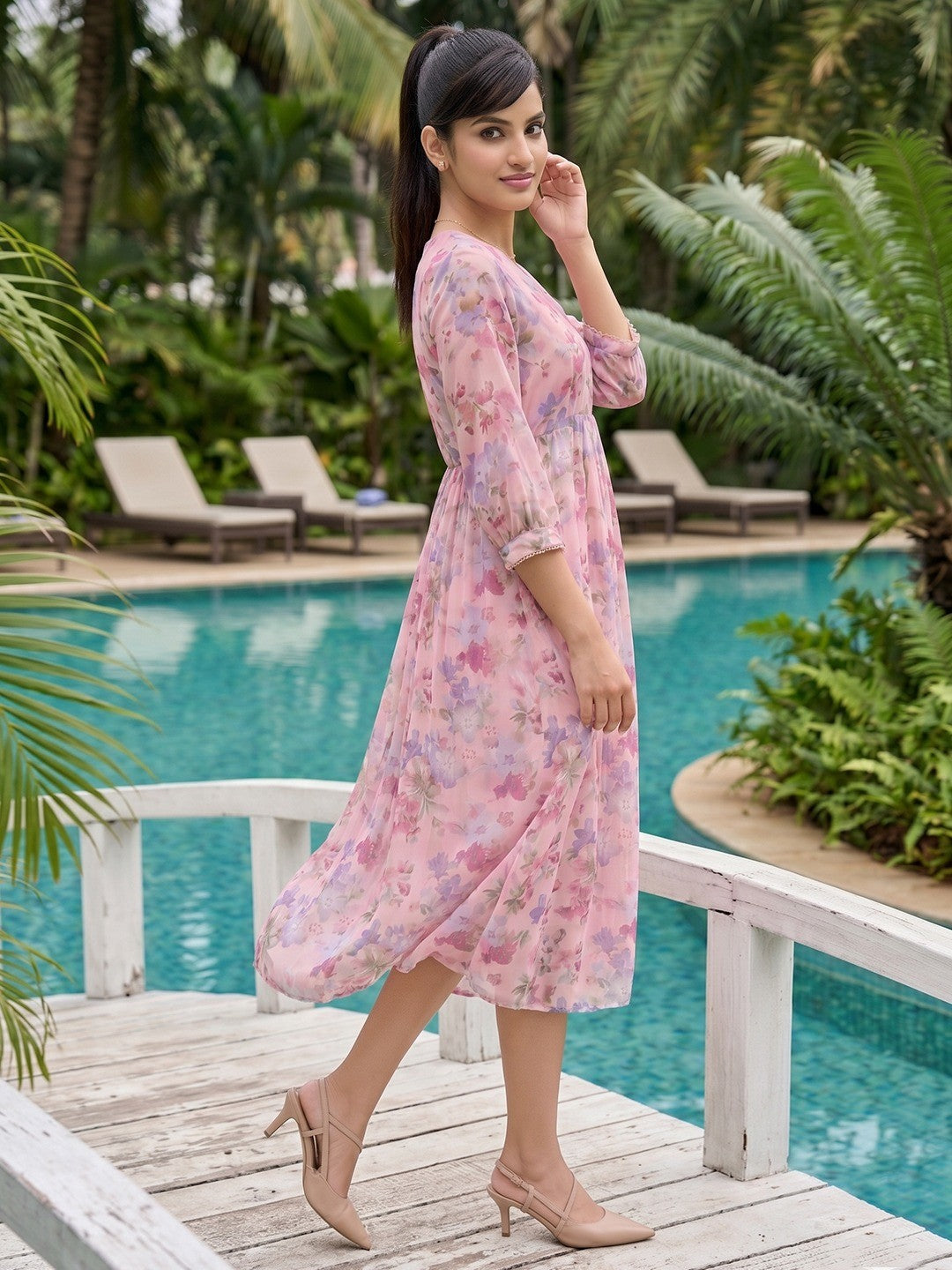 Rich Pink Floral Printed Chiffon Maxi Dress Feminine Elegant Appeal - Image 6