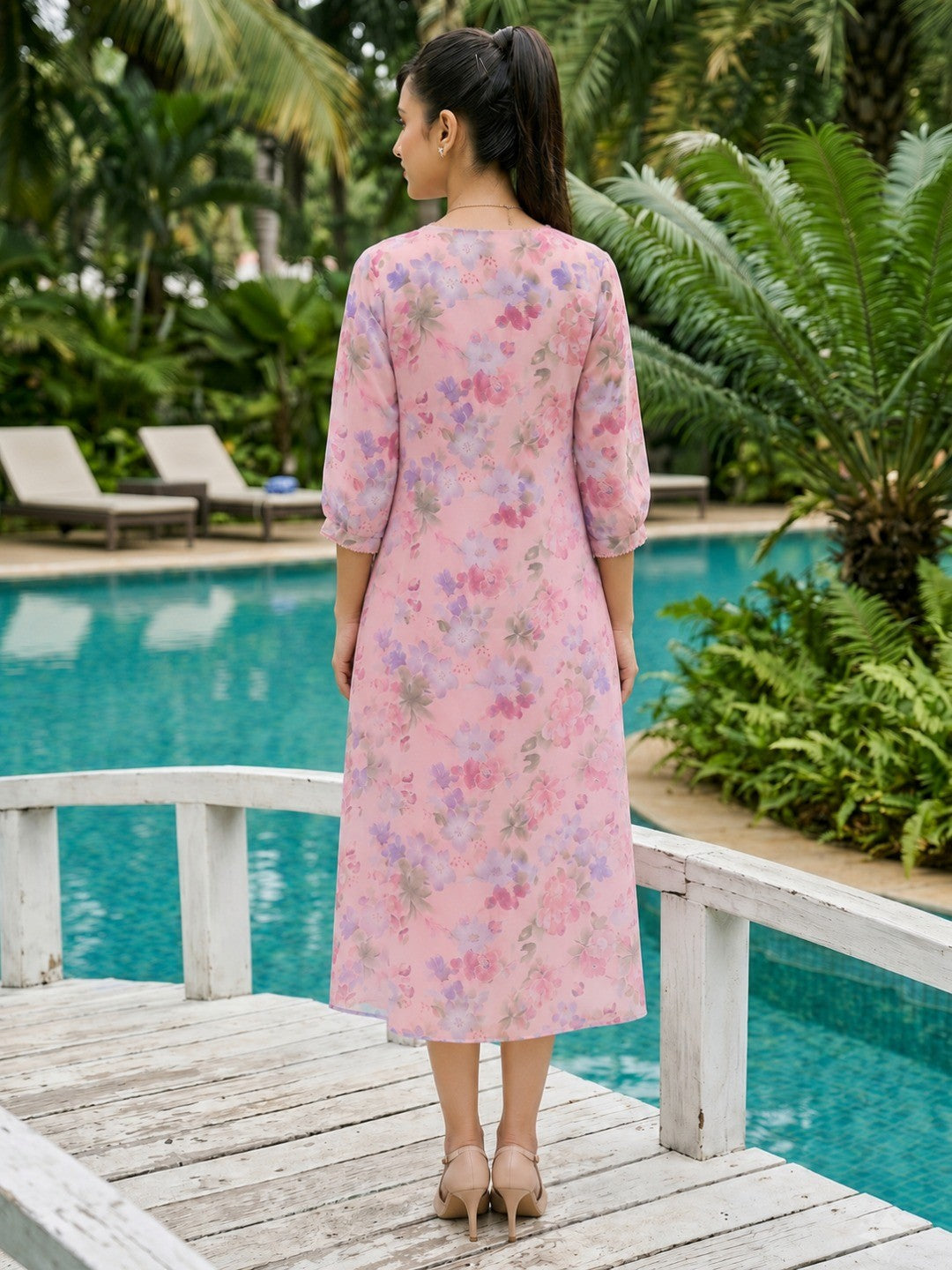 Rich Pink Floral Printed Chiffon Maxi Dress Feminine Elegant Appeal - Image 7