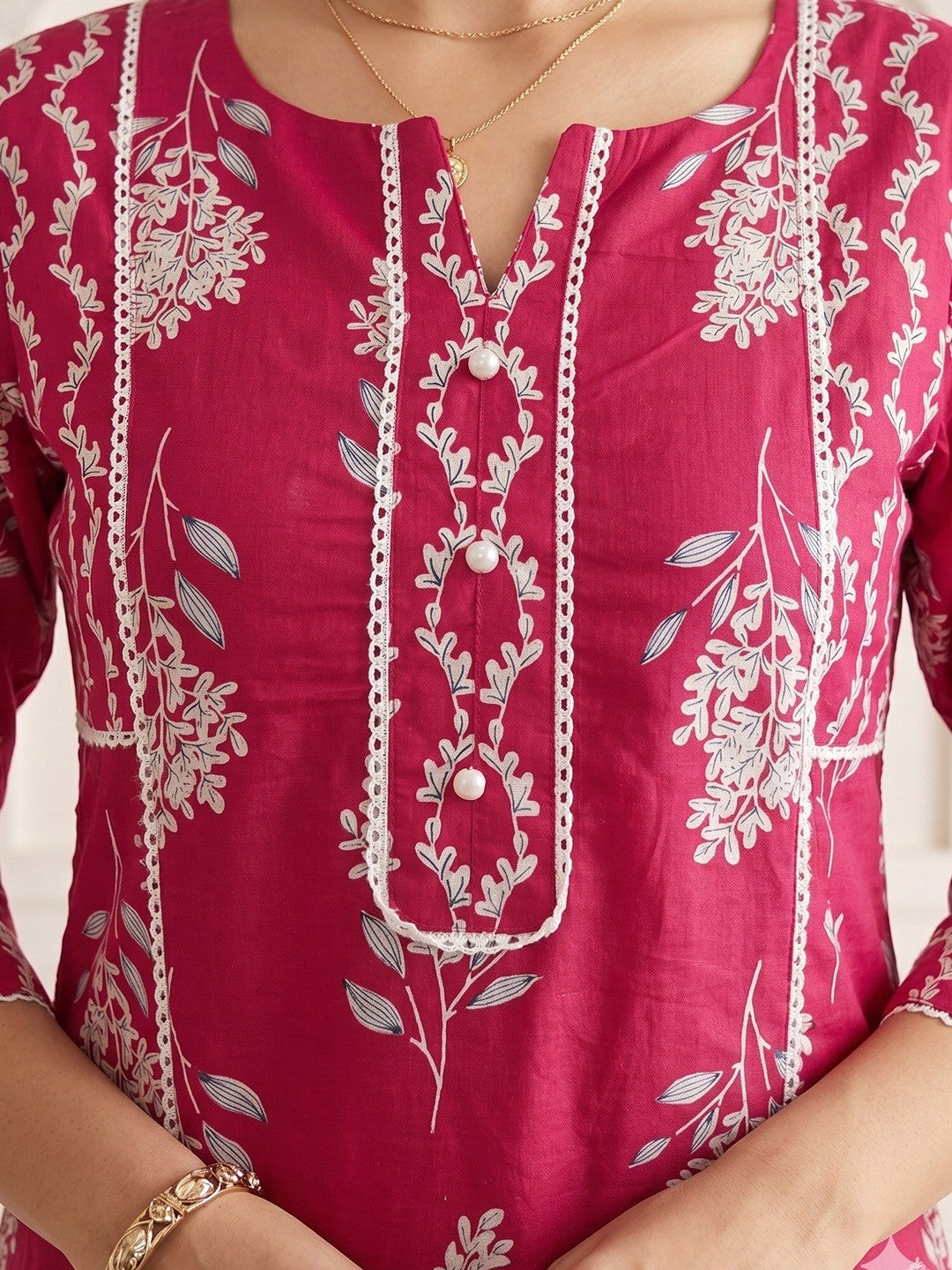 Elegant Pink Floral Printed Pure Cotton Straight Kurta Set with Dupatta - Image 4