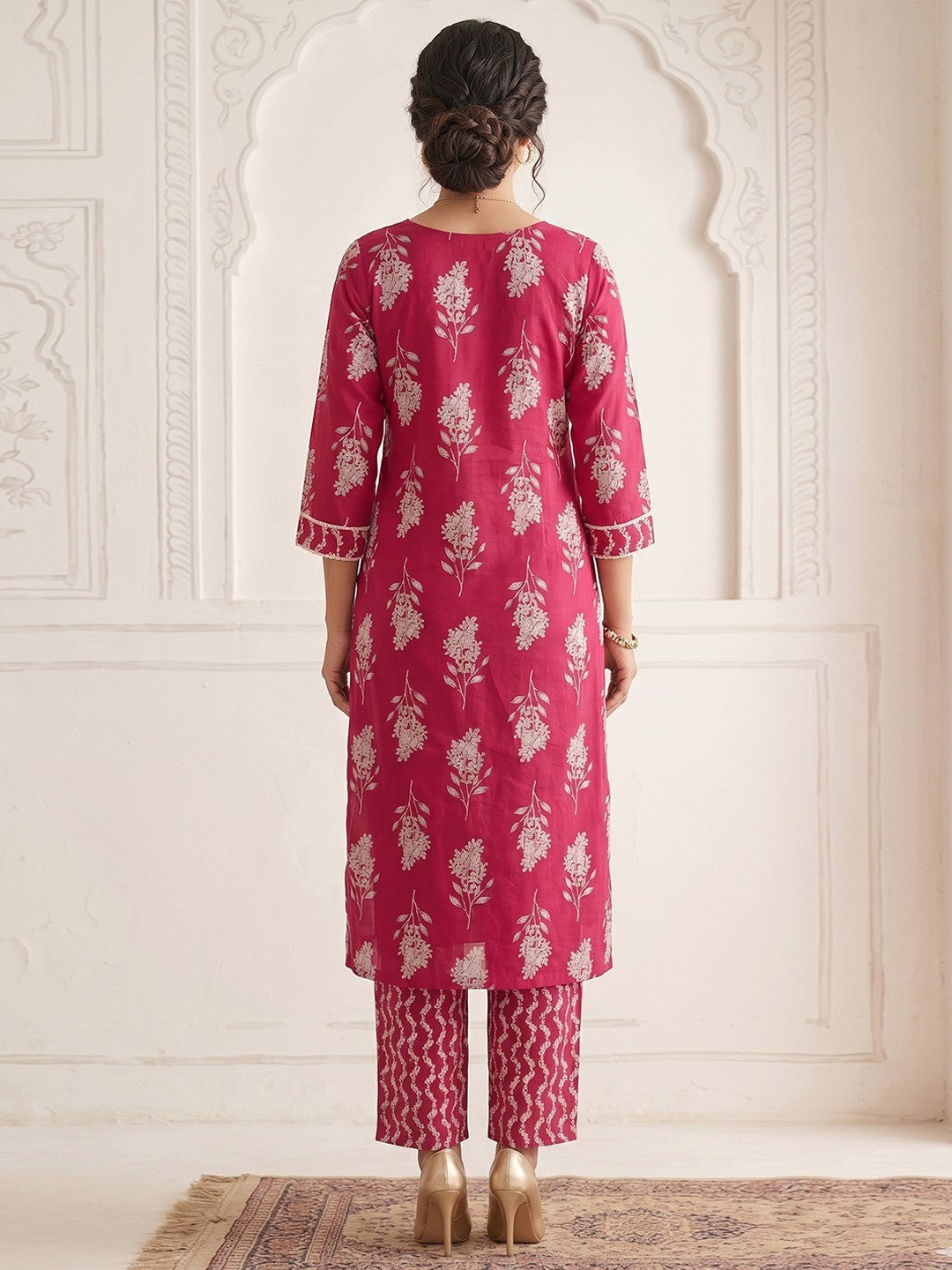 Elegant Pink Floral Printed Pure Cotton Straight Kurta Set with Dupatta - Image 3